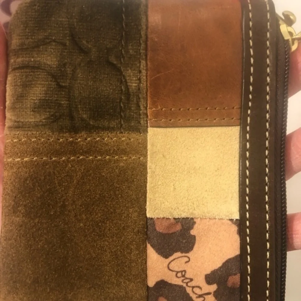 Coach brown multi texture patchwork wristlet bag